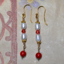 Gold Filled Wrapped Coral, Freshwater Pearls & Swarovski Crystal Earrings by Meg - AllureBeads