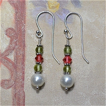 925 Sterling Silver Wrapped Peridot, Swarovski Crystal & Glass Pearl Earrings by Meg - AllureBeads