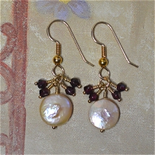 Gold Filled Wrapped Garnet & Coin Pearl Earrings by Meg - AllureBeads