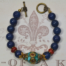 Lapis, Coral, Brass & Handmade Focal Bead by Meg - AllureBeads